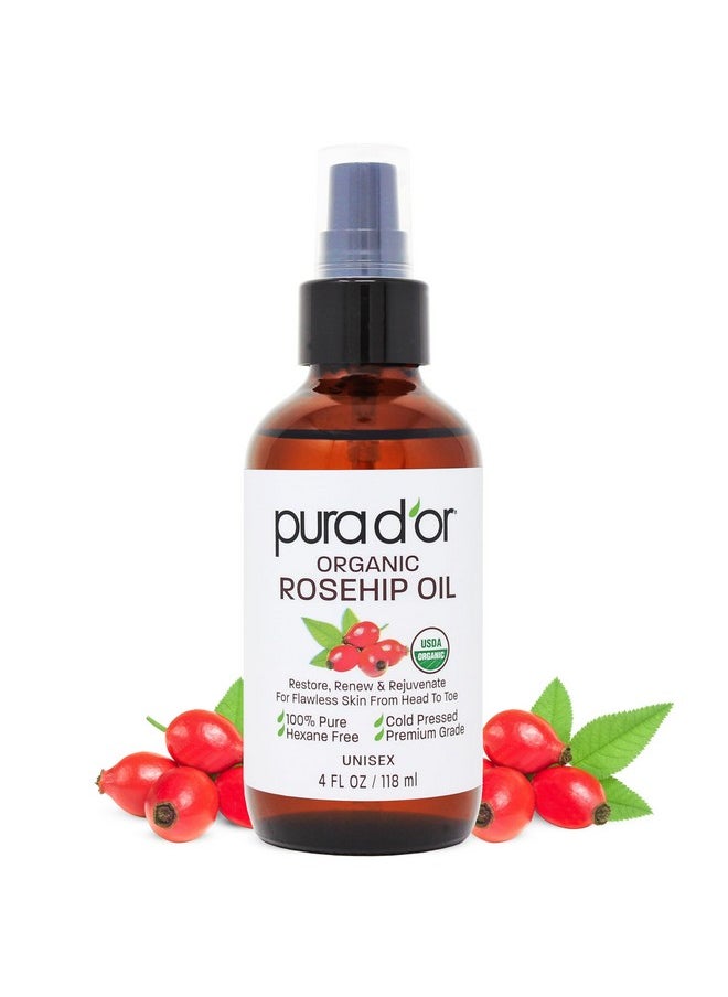 PURA D'OR 4 Oz ORGANIC Rosehip Seed Oil Hair Relaxer 100% Pure Cold Pressed USDA Certified All Natural For Anti-Aging, Scar Treatment, Face, Hair Relaxer & Skin Moisturizer - Women & Men