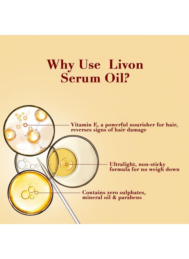 Livon Hair Serum for Men & Women | Frizz free & shinier hair | Sulphate & Paraben free| All Hair Types | Lightweight & Non Greasy | Vitamin E Serum Oil | Enriched with Argan & Almond Oil | 3.3 Fl.oz