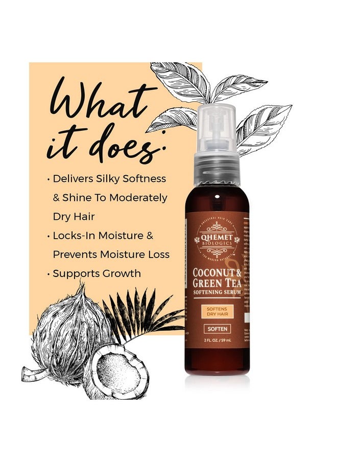 Qhemet Biologics Coconut & Green Tea Softening Serum - Lightweight Hair Serum to Soften, Smooth & Revitalize Dry Hair - Adds Slip and Shine to Thin, Fine, Low Porosity Hair (2 oz)