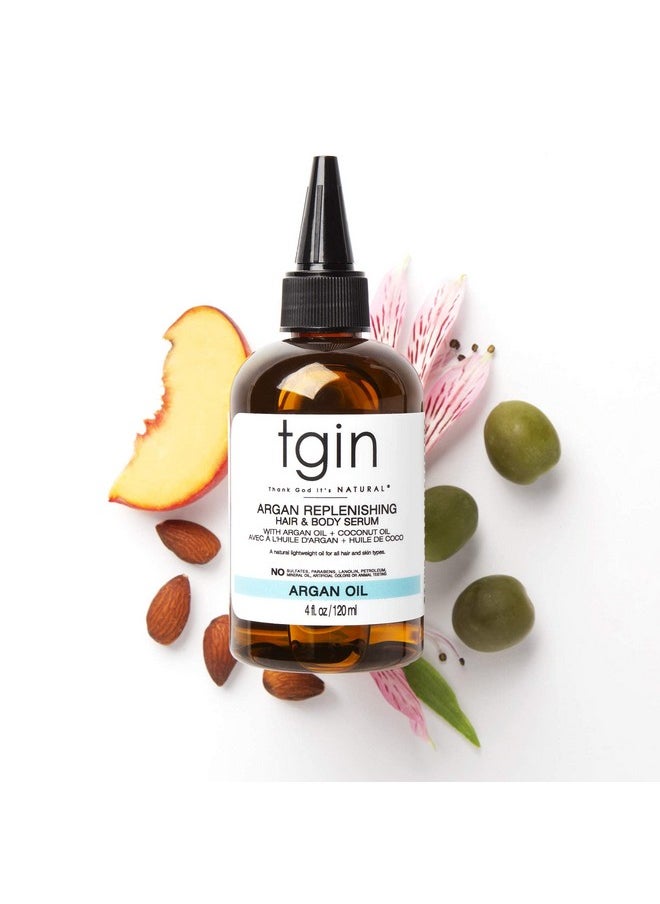 tgin Argan Replenishing Hair Serum - 4 Oz, Dry Hair, Moisturizing, Breakage Control, Paraben Free, Coconut Scent, Serum for Natural or Chemically Treated Hair, Hot Oil Treatment, Hair Styling Agent