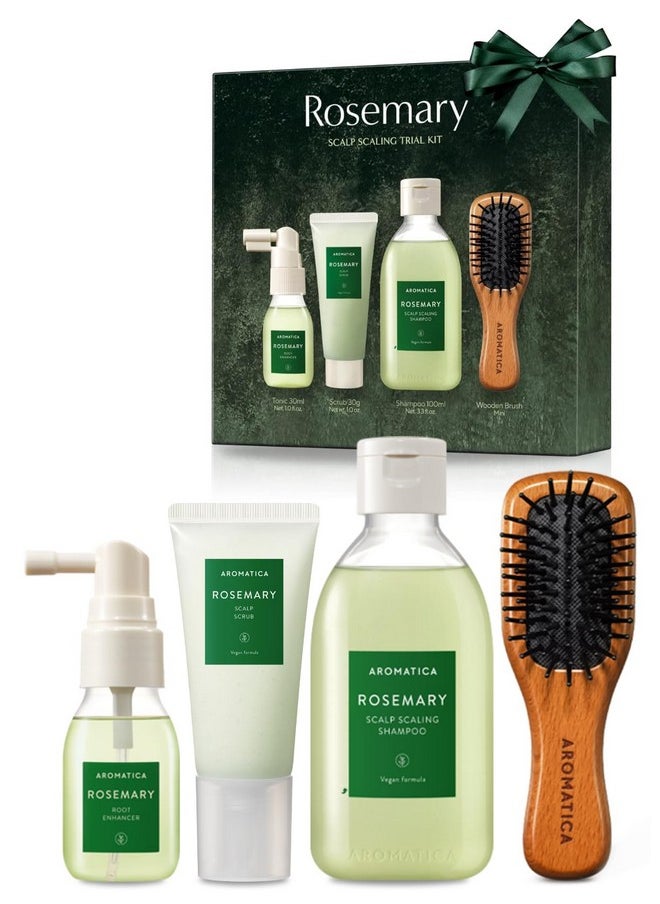 AROMATICA Rosemary Scalp Scaling Trial Kit - Hair Travel Kit | Mini Size Shampoo and Dry Scalp Treatment Set with Mini Wooden Brush