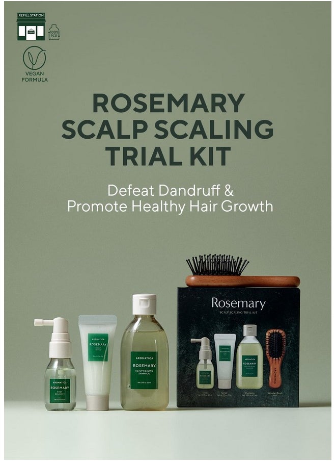 AROMATICA Rosemary Scalp Scaling Trial Kit - Hair Travel Kit | Mini Size Shampoo and Dry Scalp Treatment Set with Mini Wooden Brush