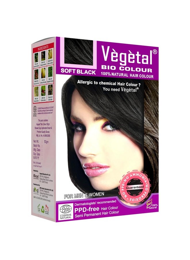 Vegetal Bio Hair Colour - Soft Black | 50g | Achieve Natural, Ammonia-Free Hair Color | PPD-Free, 100% Herbal Certified Organic for Men and Women | UV Protection and Luster Maintenance | Complete Kit