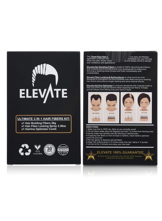 ELEVATE Hair Ultimate Perfecting 3-in-1 Kit Set Includes Natural Hair Thickening Fibers | Locking & Setting Hold Hair Spray | Hairline Optimizer Comb | Instantly Conceal & Thicken Hair (Black)