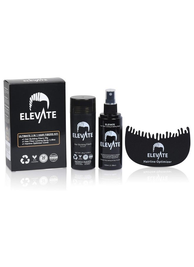 ELEVATE Hair Ultimate Perfecting 3-in-1 Kit Set Includes Natural Hair Thickening Fibers | Locking & Setting Hold Hair Spray | Hairline Optimizer Comb | Instantly Conceal & Thicken Hair (Black)