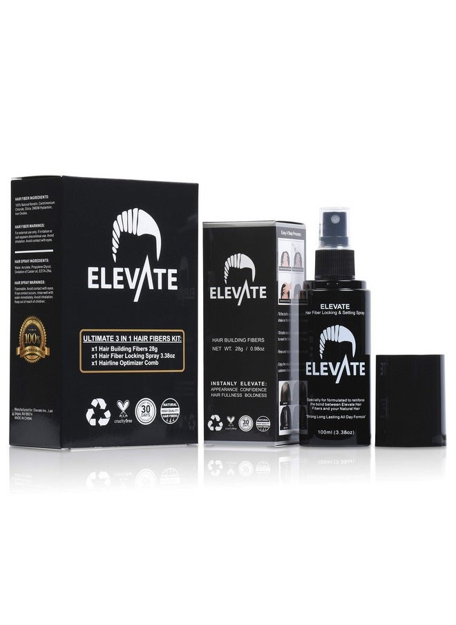 ELEVATE Hair Ultimate Perfecting 3-in-1 Kit Set Includes Natural Hair Thickening Fibers | Locking & Setting Hold Hair Spray | Hairline Optimizer Comb | Instantly Conceal & Thicken Hair (Black)