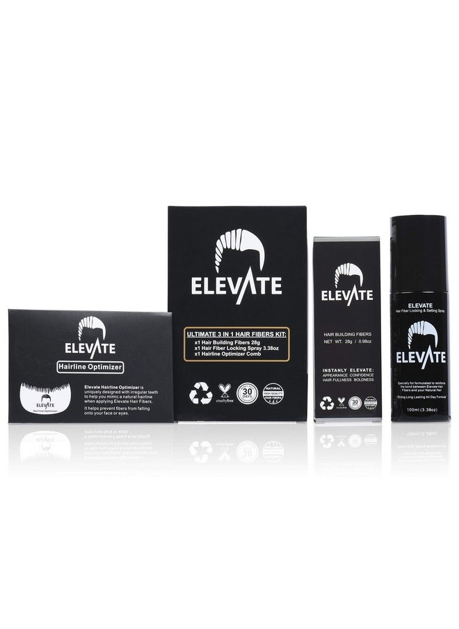 ELEVATE Hair Ultimate Perfecting 3-in-1 Kit Set Includes Natural Hair Thickening Fibers | Locking & Setting Hold Hair Spray | Hairline Optimizer Comb | Instantly Conceal & Thicken Hair (Black)