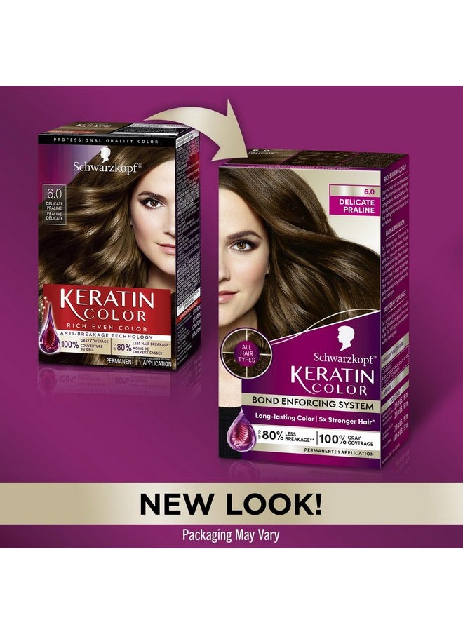 Schwarzkopf Keratin Color Permanent Hair Color, 6.0 Delicate Praline,1 Application-Professionally Inspired Permanent Hair Dye,for up to 80% Less Breakage vs Untreated Hair and up to 100% Gray Coverage