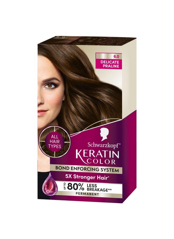 Schwarzkopf Keratin Color Permanent Hair Color, 6.0 Delicate Praline,1 Application-Professionally Inspired Permanent Hair Dye,for up to 80% Less Breakage vs Untreated Hair and up to 100% Gray Coverage