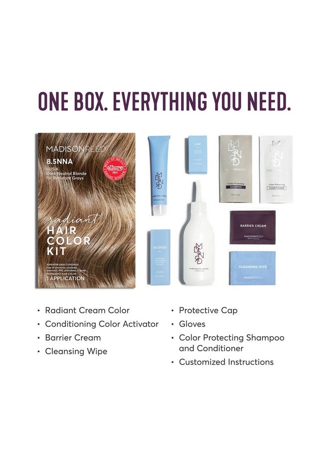 Madison Reed Radiant Hair Color Kit, Dark Neutral Blonde for 100% Gray Coverage of Resistant Gray Hair, Ammonia-Free, 8.5NNA Lusia Dark Blonde, Permanent Hair Dye, Pack of 1