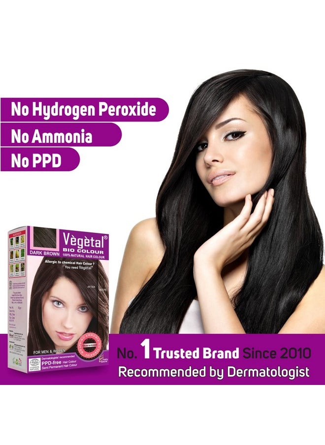 Vegetal Bio Hair Colour Dark Brown|50g (Pack of 2)| Achieve Natural, Ammonia-Free Hair Color|PPD-Free, 100% Herbal Certified Organic for Men & Women|UV Protection and Luster Maintenance|Complete Kit