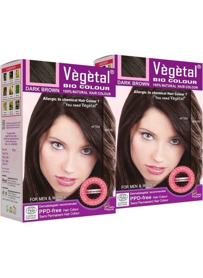 Vegetal Bio Hair Colour Dark Brown|50g (Pack of 2)| Achieve Natural, Ammonia-Free Hair Color|PPD-Free, 100% Herbal Certified Organic for Men & Women|UV Protection and Luster Maintenance|Complete Kit