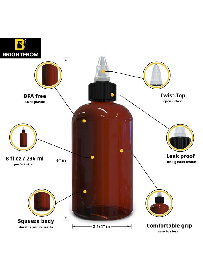 BRIGHTFROM Twist Top Applicator Bottles, 8 OZ Amber, Squeeze Empty Round Plastic Bottles, BPA-Free, PET, Refillable, Open/Close Nozzle (Black) - Multi Purpose (Pack of 2)