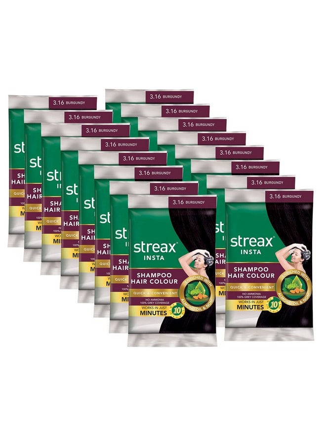 Streax Insta Shampoo Hair Colour For Men's & Women's, Burgundy, 18Ml (Pack Of 16) | Enriched With Almond Oil & Noni Extracts | Long-Lasting Instant Colour