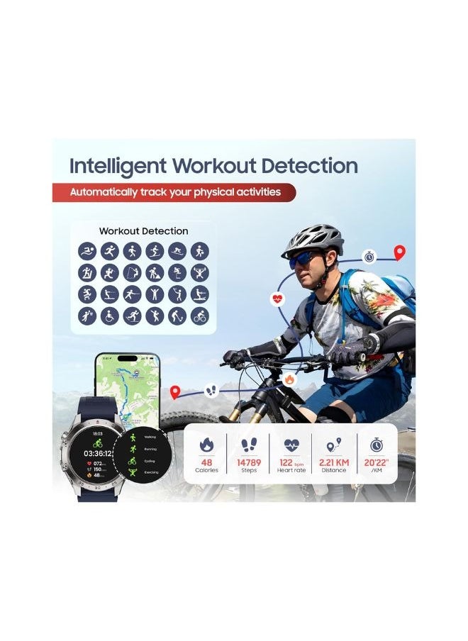 SWISS MILITARY DOM5 Smartwatch 1.43-inch AMOLED, Bluetooth Calling, Multi Language, Health And Sports Tracking, Wireless Charging, 7 Days Battery, IP68, iOS/Android Compatible, Silver Frame with Blue Strap