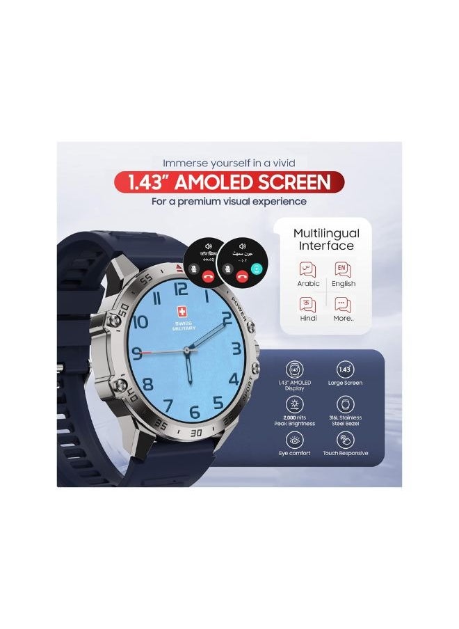 SWISS MILITARY DOM5 Smartwatch 1.43-inch AMOLED, Bluetooth Calling, Multi Language, Health And Sports Tracking, Wireless Charging, 7 Days Battery, IP68, iOS/Android Compatible, Silver Frame with Blue Strap