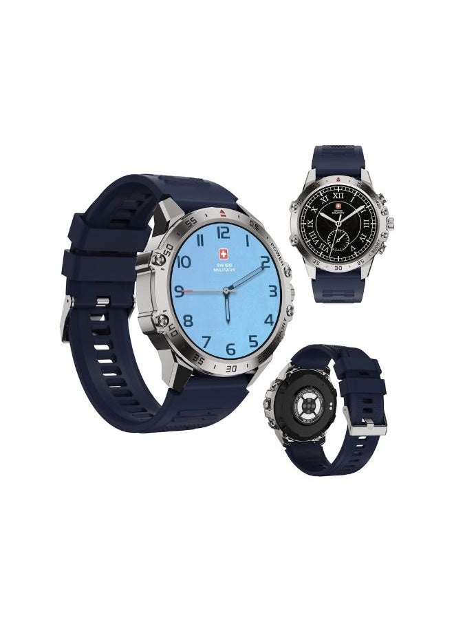 SWISS MILITARY DOM5 Smartwatch 1.43-inch AMOLED, Bluetooth Calling, Multi Language, Health And Sports Tracking, Wireless Charging, 7 Days Battery, IP68, iOS/Android Compatible, Silver Frame with Blue Strap