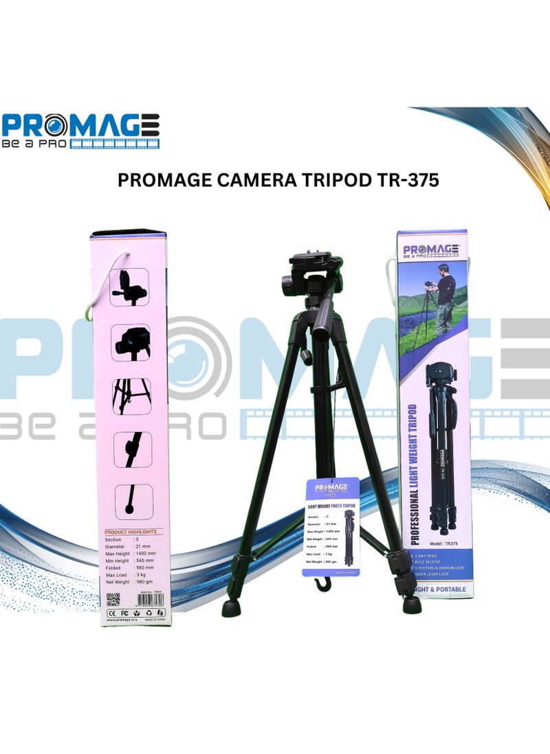 PROMAGE CAMERA TRIPOD TR375 Tripod for Digital & Camcorder Cameras | Lightweight, Adjustable Tripod for Photography & Video Recording | Black