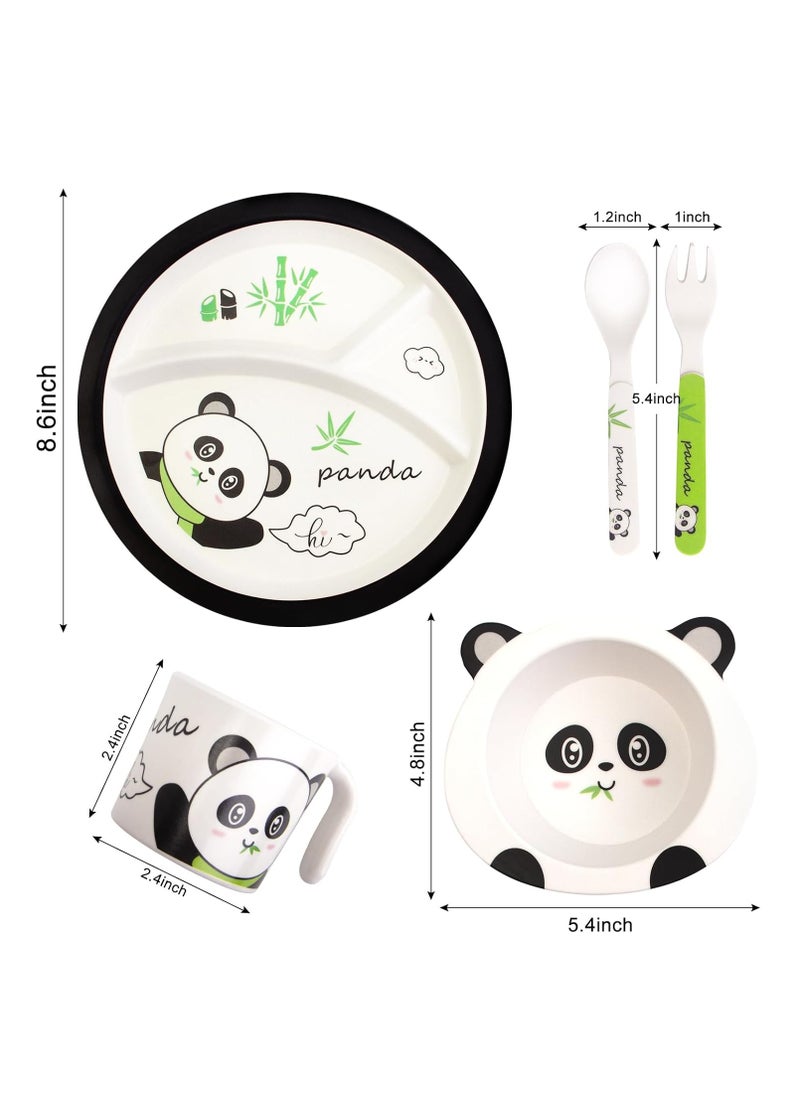 Kids Feeding Set 5 Pcs, Tableware Set for Toddlers Includes Plate Bowl Cup Fork and Spoon Utensil Flatware, Kids Flatware Set Dishwasher Safe, BPA Free (Panda)