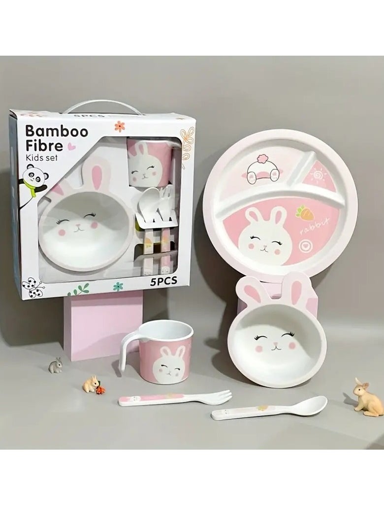 Kids Feeding Set 5 Pcs, Tableware Set for Toddlers Includes Plate Bowl Cup Fork and Spoon Utensil Flatware, Kids Flatware Set Dishwasher Safe, BPA Free (Rabbit)