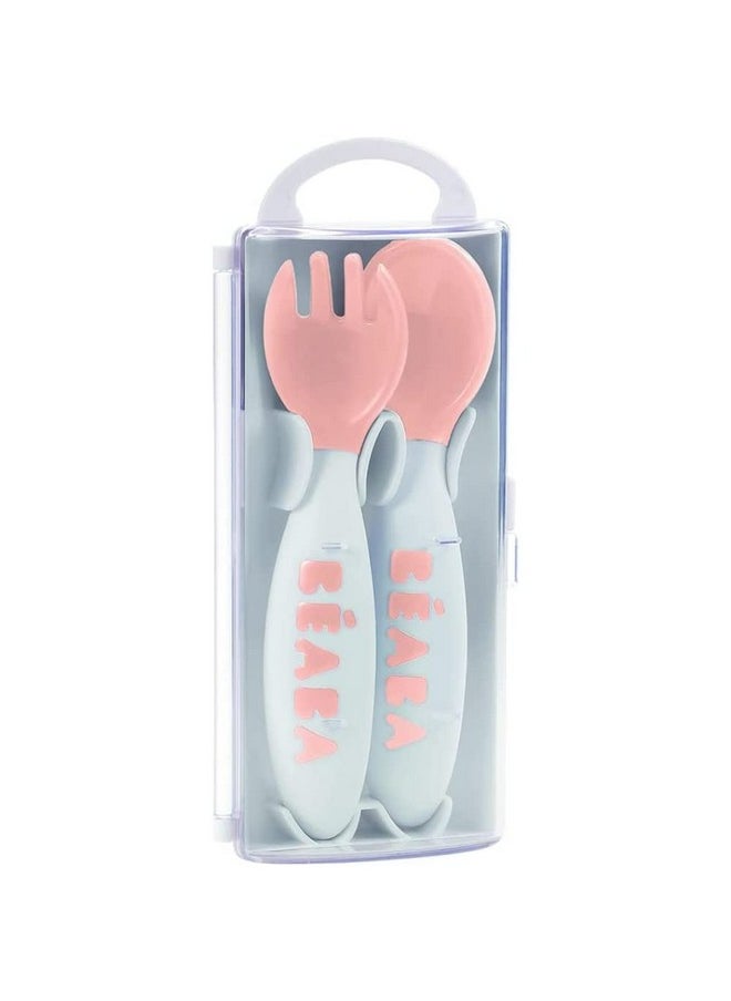 Beaba Baby Cutlery With Travel Case Self Feeding Training Spoon And Fork (8 Months Plus, Vintage Pink)