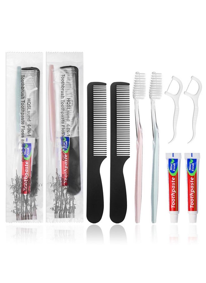 HQSLsund 100pcs Disposable Toothbrushes with Toothpaste Floss Comb Individually Wrapped, 4-in-1 Bulk Toothbrush Kit with 2 Color Toothbrush,10g Toothpaste,7 inch Comb, Floss Pick