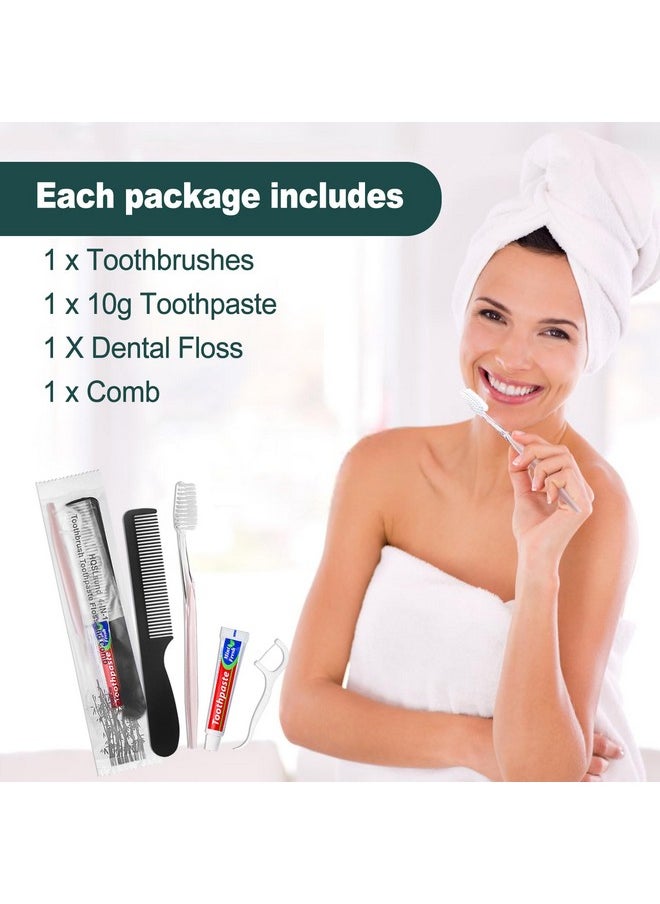 HQSLsund 100pcs Disposable Toothbrushes with Toothpaste Floss Comb Individually Wrapped, 4-in-1 Bulk Toothbrush Kit with 2 Color Toothbrush,10g Toothpaste,7 inch Comb, Floss Pick