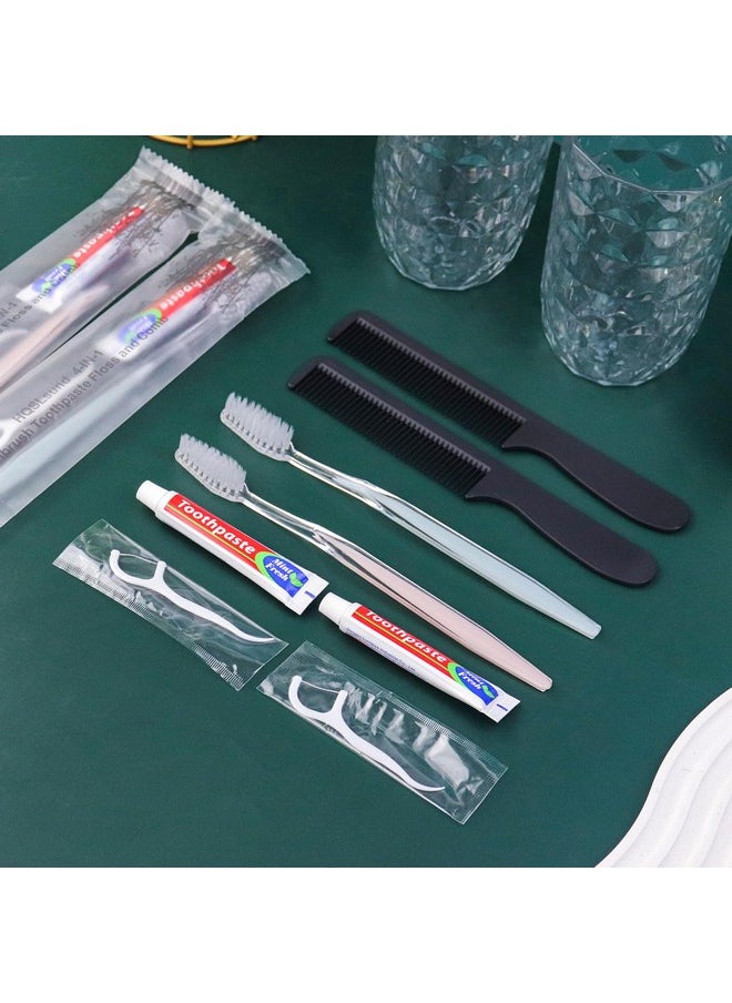 HQSLsund 100pcs Disposable Toothbrushes with Toothpaste Floss Comb Individually Wrapped, 4-in-1 Bulk Toothbrush Kit with 2 Color Toothbrush,10g Toothpaste,7 inch Comb, Floss Pick