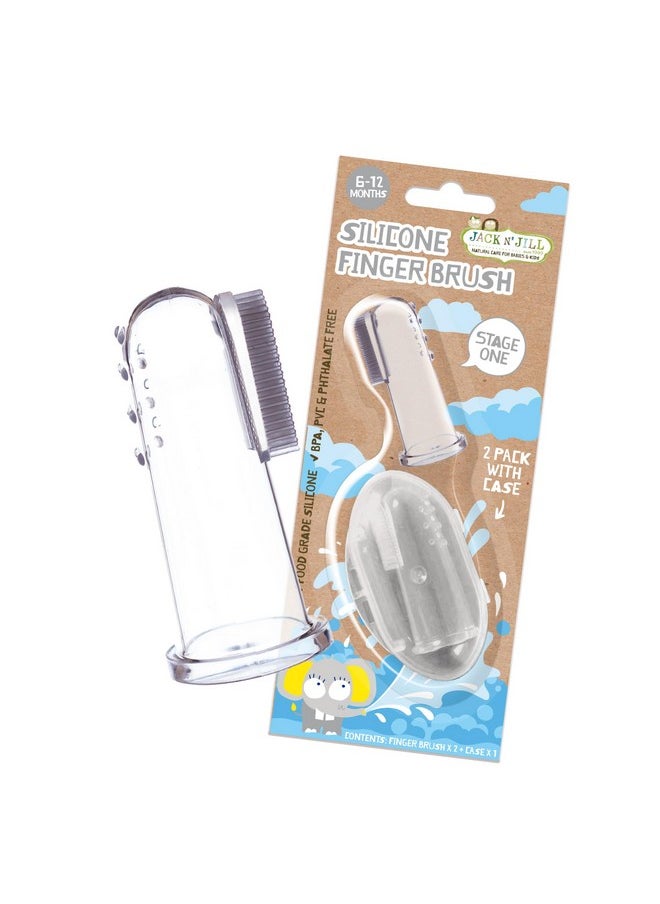 Jack N' Jill Stage 1 Silicone Finger Toothbrush - Baby Toothbrush 6 to 12 Months, Baby Oral Cleaner, Travel Size - Two Brushes Plus Case, (Pack of 1)