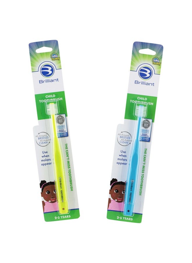 Brilliant Child Toothbrush (2-5 Years) Manual Toddler Tooth Brush Round Head - Assorted Colors, 2 Pack