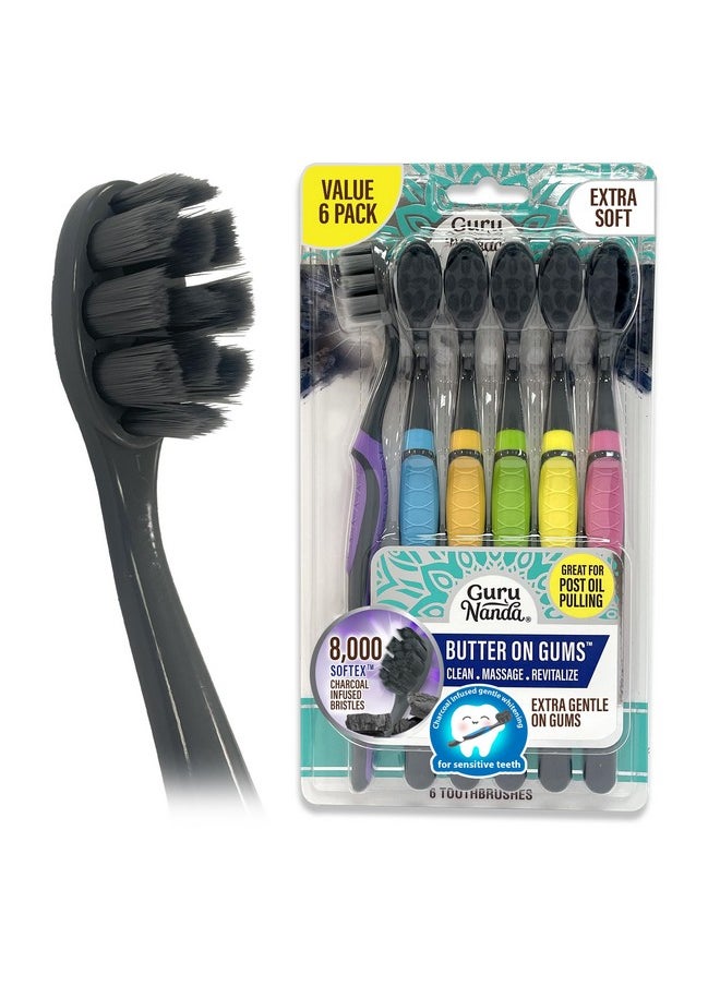 GuruNanda Butter on Gums Charcoal Toothbrush - 8000+ SoftexTM Bristles for Sensitive Teeth & Gums, Aids in Teeth Whitening, Extra Soft (6 Count)
