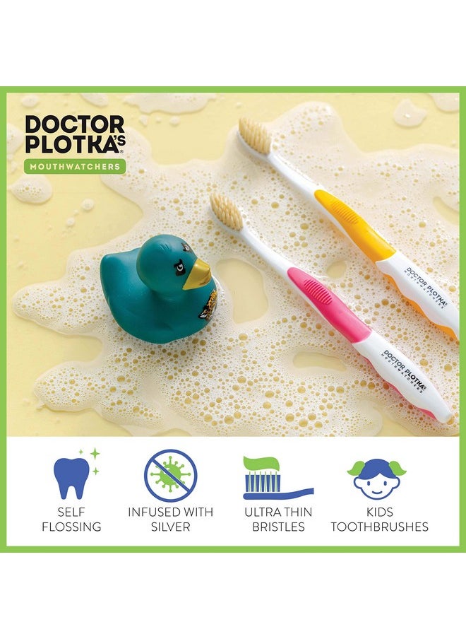 MOUTHWATCHERS Extra Soft Kids Toothbrushes, 4 Pack, Manual Flossing Toothbrush, Ultra Clean, 2 Yellow and 2 Pink Childrens Toothbrushes, by Dr. Plotka's