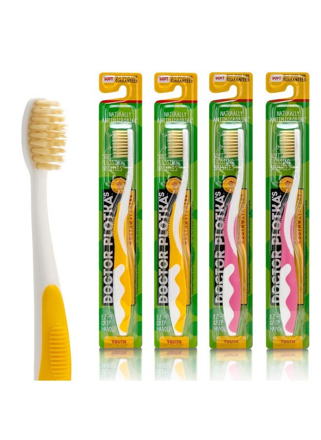 MOUTHWATCHERS Extra Soft Kids Toothbrushes, 4 Pack, Manual Flossing Toothbrush, Ultra Clean, 2 Yellow and 2 Pink Childrens Toothbrushes, by Dr. Plotka's