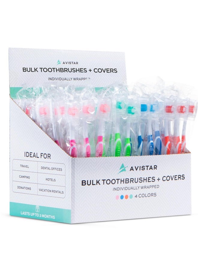 104 Pack Bulk Toothbrushes w/Cover Caps, Individually Wrapped Disposable Travel Toothbrush, Value Size, Long Lasting 3+ Months, Med-Soft Manual Teeth Brush Bristles, 4 Colors (Red Green Blue Pink)
