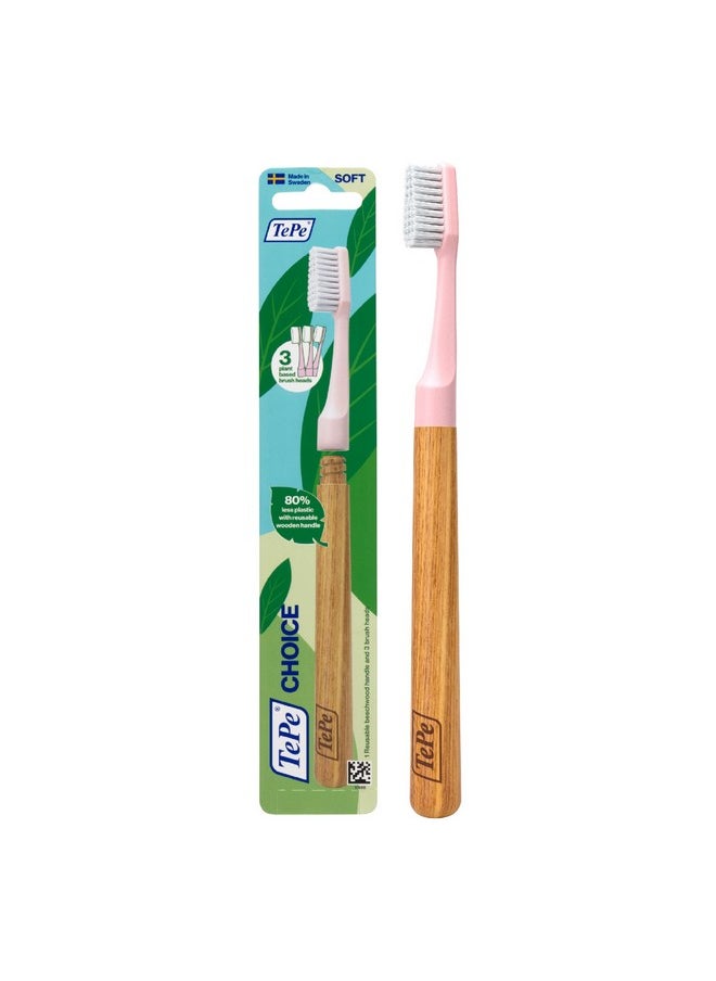 TEPE Choice Soft Toothbrush, Dental Toothbrush for Teeth Cleaning with 3 Replaceable Toothbrush Heads, Pink