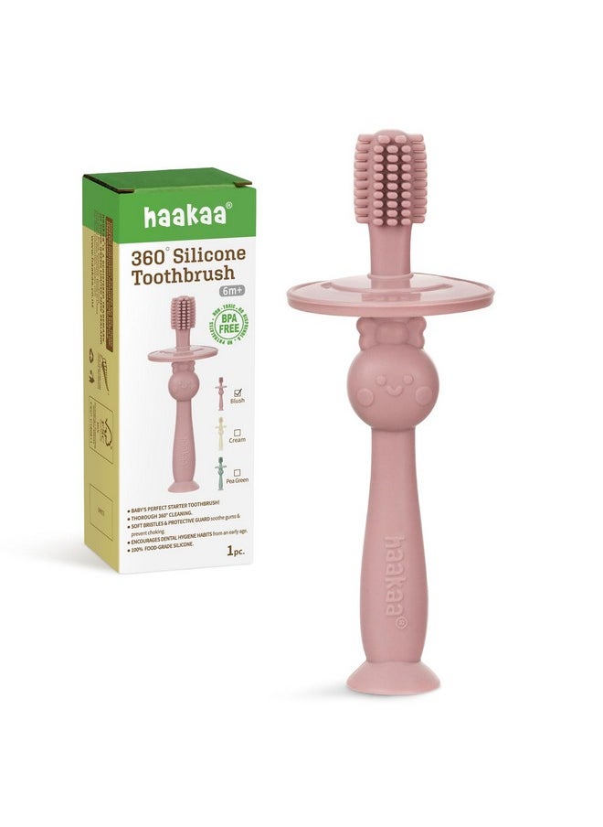 haakaa 360° Baby Toothbrush with Suction Base - Gentle Cleaning for Infant Self-Brushing Training, Food-Grade Silicone, Adjustable Safety Shield - Blush (1 Piece)