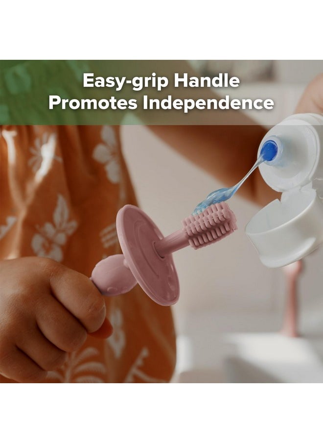 haakaa 360° Baby Toothbrush with Suction Base - Gentle Cleaning for Infant Self-Brushing Training, Food-Grade Silicone, Adjustable Safety Shield - Blush (1 Piece)