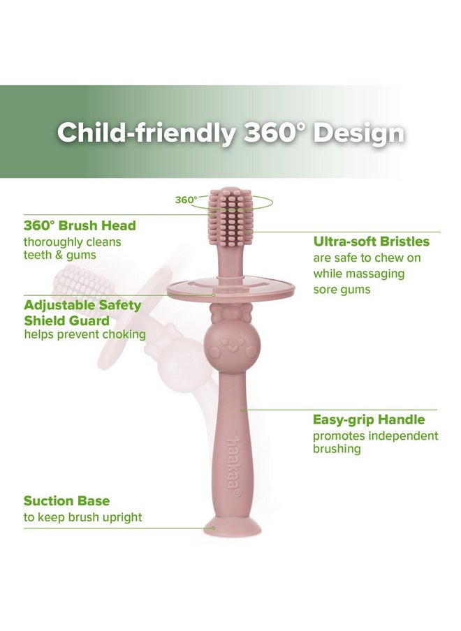 haakaa 360° Baby Toothbrush with Suction Base - Gentle Cleaning for Infant Self-Brushing Training, Food-Grade Silicone, Adjustable Safety Shield - Blush (1 Piece)