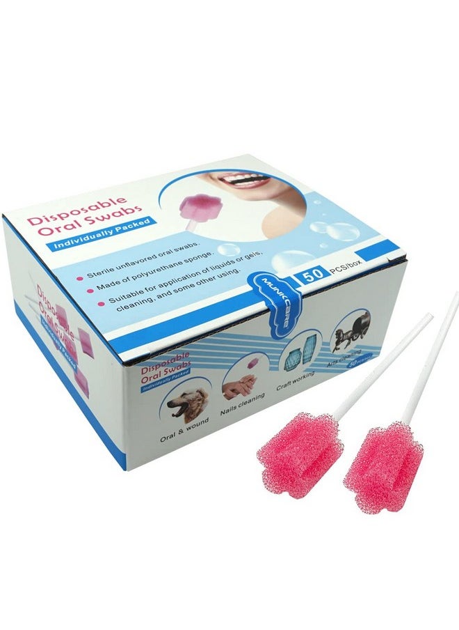 MUNKCARE Disposable Oral Foam Swab with Mint Flavored, Individually Wrapped, Red, Box of 50 Counts