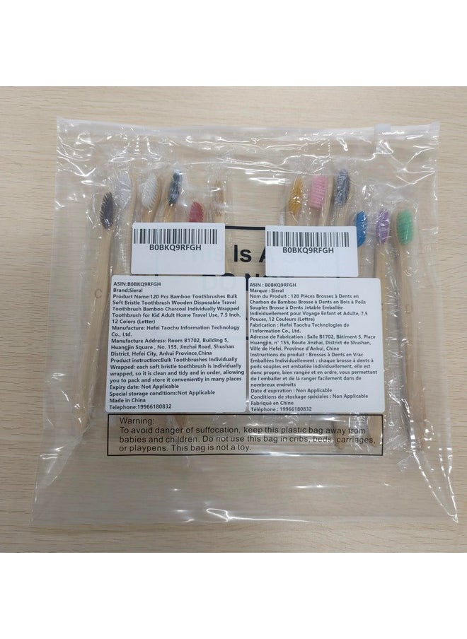 120 Pcs Bamboo Toothbrushes Bulk Soft Bristle Toothbrush Wooden Disposable Travel Toothbrush Bamboo Charcoal Individually Wrapped Toothbrush for Kid Adult Home Travel Use, 7.5 Inch, 12 Colors (Letter)