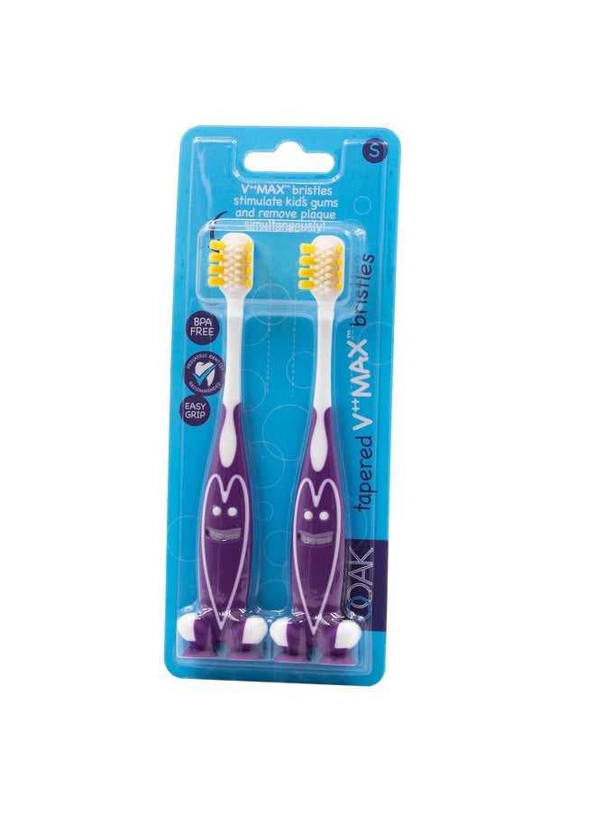 Ooak Kids Toothbrush, Tapered V++Max Bristles, Happy Face 2 Pack - Purple