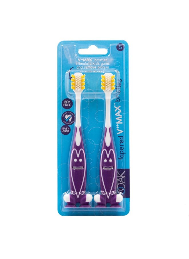 Ooak Kids Toothbrush, Tapered V++Max Bristles, Happy Face 2 Pack - Purple