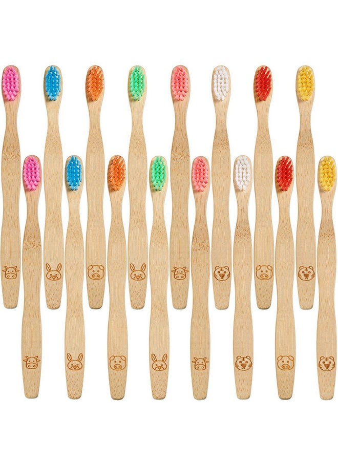 16 Pcs Kids Bamboo Toothbrush Soft Bristle Natural Toothbrush Wooden Toothbrushes Kids Toothbrush with Colorful Bristles and Ergonomic Animal Designs Handles for Kids