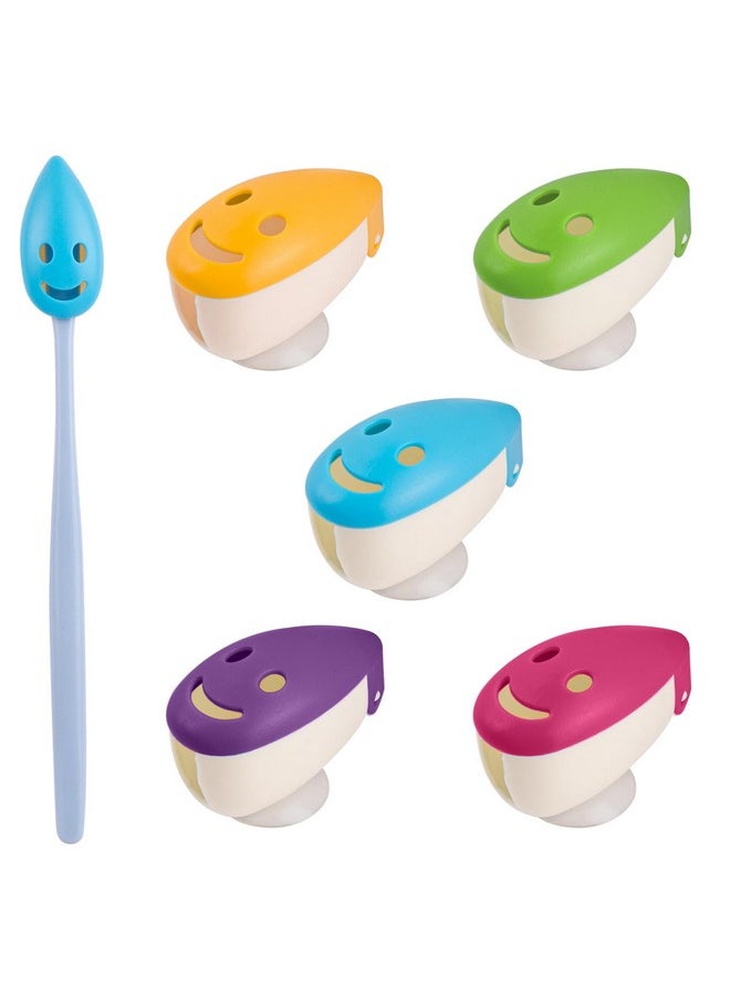 AUEAR, 5 Pack Happy FaceToothbrush Holder Cover Case Cap With Suction Cup for Travel 5 Colors