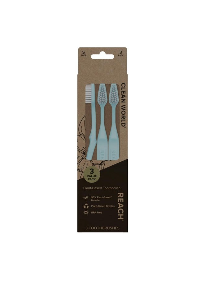 Reach Clean World Plant-Based Toothbrush, Soft Bristles, Vegan Friendly, Recyclable Packaging, 3 Count