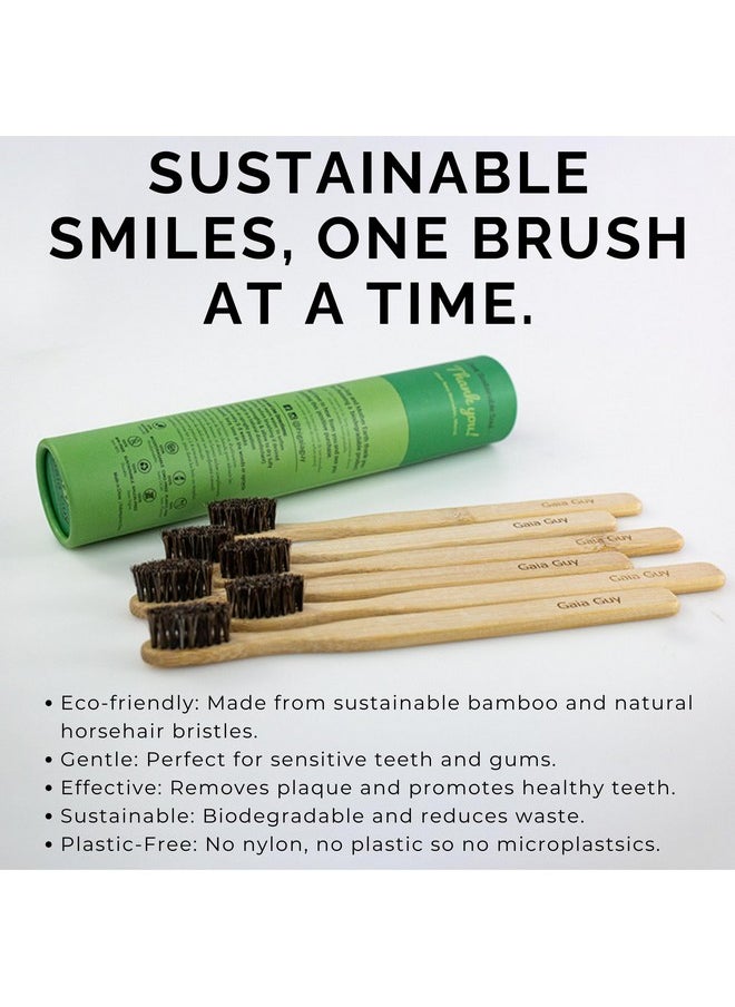 Gaia Guy Soft Natural Bristle Bamboo Toothbrush (NO Nylon - Horsehair ONLY) - Totally Compostable & Biodegradable Soft Horse Hair Bristle and Bamboo Toothbrushes - Zero Waste - 6-Pack