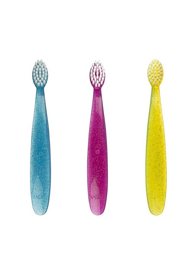 RADIUS Totz Toothbrush Extra Soft Brush BPA Free & ADA Accepted Designed for Delicate Teeth & Gums for Children 18 Months & Up - Blue Coral Yellow - Pack of 3