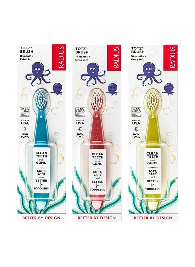 RADIUS Totz Toothbrush Extra Soft Brush BPA Free & ADA Accepted Designed for Delicate Teeth & Gums for Children 18 Months & Up - Blue Coral Yellow - Pack of 3