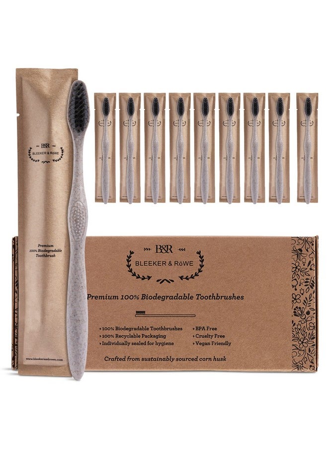 Bleeker and Rowe Biodegradable Eco-Friendly Toothbrushes - Individually Sealed - BPA Free Soft Bristles - Sustainable - Recycled Packaging (Pack of 10)