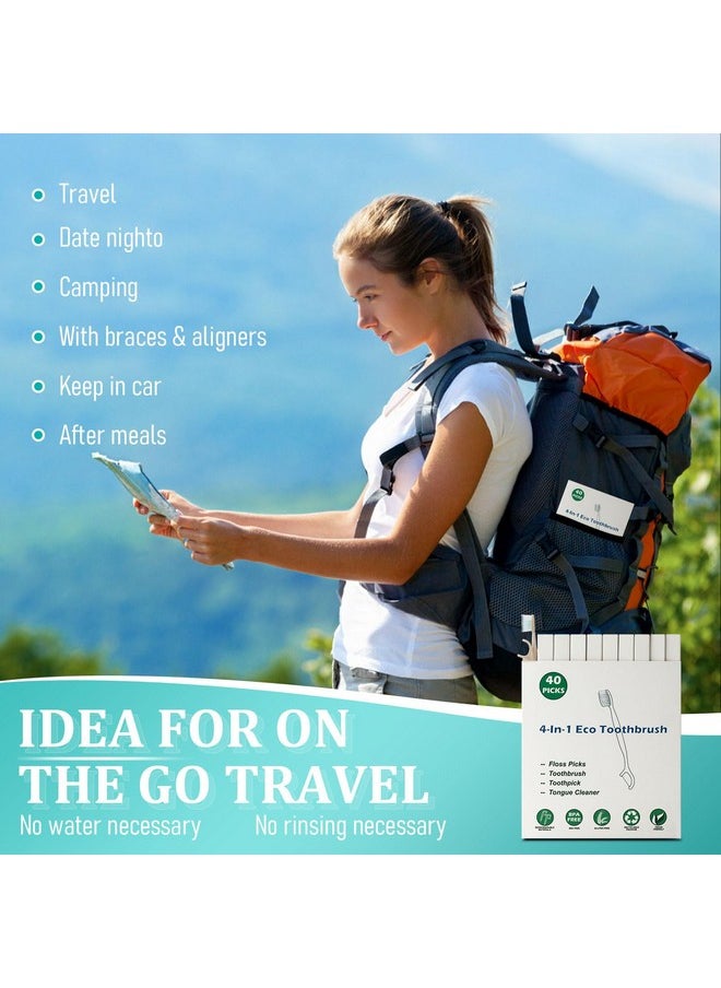 NUDUKO Travel Toothbrush Dental Floss Picks - 4 in 1 Biodegradable Disposable Toothbrushes with Tongue Scraper, Eco-Friendly Individually Wrapped Toothbrush for Adult Kids Travel Oral Care, 40 Pack